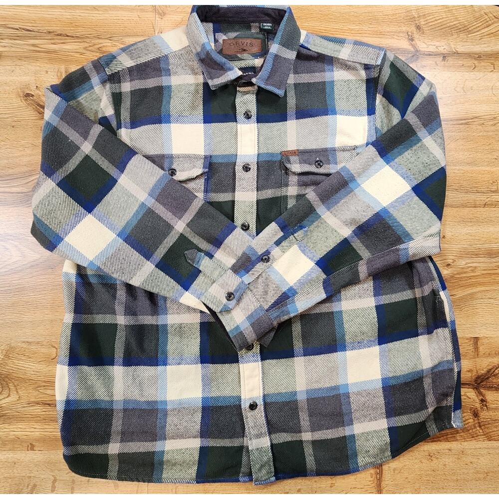 ORVIS HEAVY Flannel Shirt Jacket‎ Mens Size XXL Blue/White/Gray Plaid Flannel